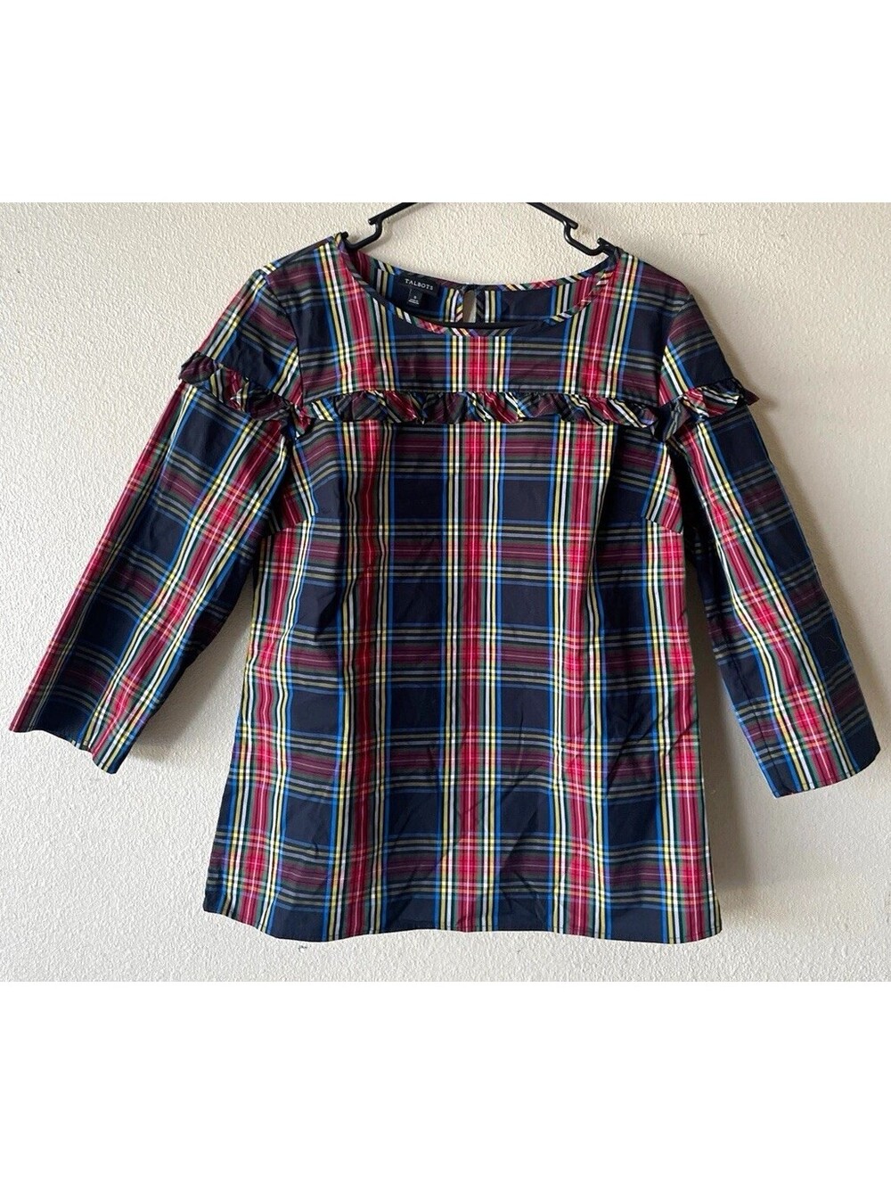 talbots womens S multicolor plaid blouse 3/4 sleeve round neck zip ruffle